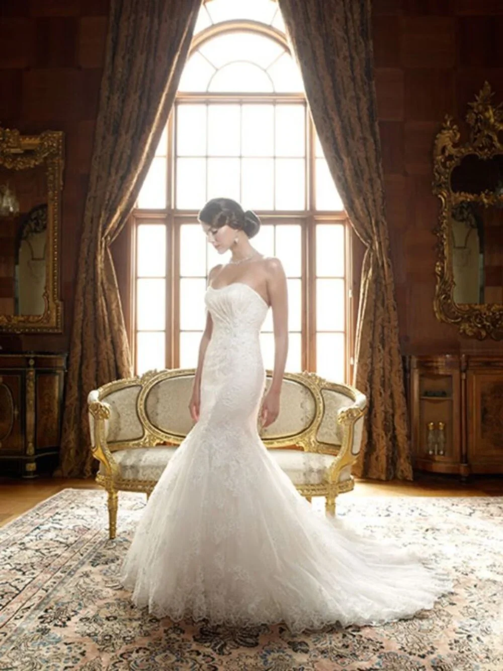 swarovski mermaid wedding dress Anna Heart-Back Floral Mermaid Wedding Gown with Beaded Lace